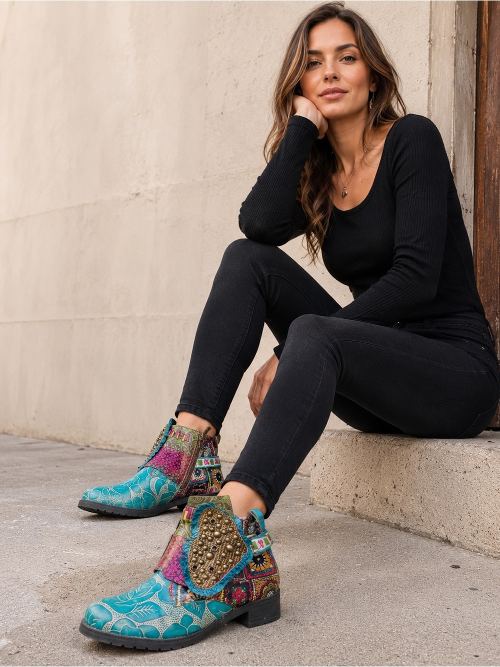 Elite by Corkys RAGS2 Turquoise Patchwork Leather Boho Ankle Boots Size 38